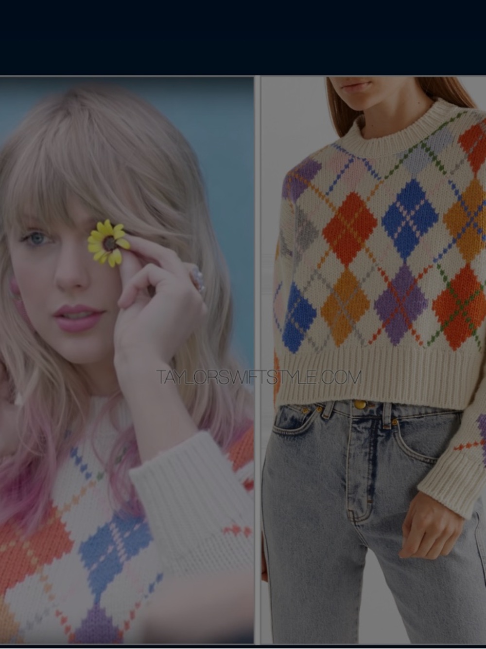 Signature8 Cream Argyle Cropped Crewneck Sweater with Red, Blue, Yellow & Purple